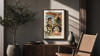 Breton bagpiper and young woman poster framed above a fluted sideboard beside an olive tree