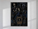 Skeleton musician in top hat poster in a slim frame on a bright wall with soft window light