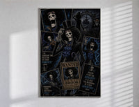 Skeleton musician in top hat poster in a slim frame on a bright wall with soft window light
