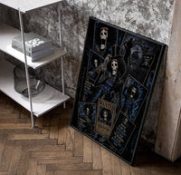 Skeleton musician in top hat poster in a black frame leaning beside a shelf in a raw-plaster loft