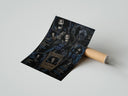 Rolled Skeleton musician in top hat poster beside its crush-resistant kraft shipping tube