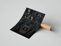 Rolled Skeleton musician in top hat poster beside its crush-resistant kraft shipping tube