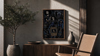 Skeleton musician in top hat poster framed above a fluted sideboard beside an olive tree
