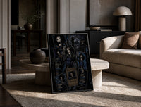 Skeleton musician in top hat print in a black frame leaning on a travertine table in a sunlit lounge