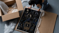 Skeleton musician in top hat framed print being unpacked from protective bubble wrap and a box