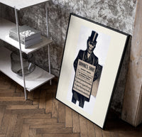 Monkey in top hat and suit poster in a black frame leaning beside a shelf in a raw-plaster loft