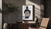 Monkey in top hat and suit poster framed above a fluted sideboard beside an olive tree