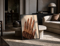 Brown Almond Nails print on the floor, leaning against a travertine table
