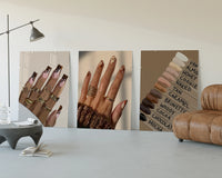Brown Manicures and Swatches Set of 3 displayed beside a brown leather sofa
