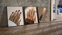 Brown Manicures and Swatches Set of 3 leaning on parquet beside a vintage loft door