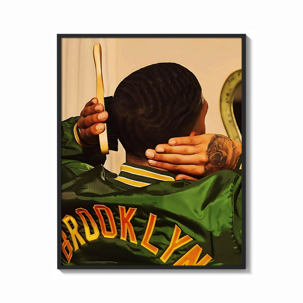 Framed Brushing Waves in a Varsity Jacket print shown as a bold statement piece on a clean gallery wall