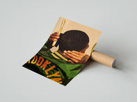 Gently curled Brushing Waves in a Varsity Jacket print beside its protective shipping tube