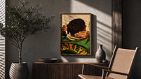 Brushing Waves in a Varsity Jacket poster framed above a fluted sideboard beside a potted tree