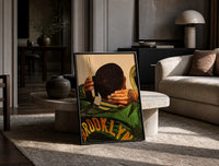 Brushing Waves in a Varsity Jacket print on the floor, leaning against a travertine table