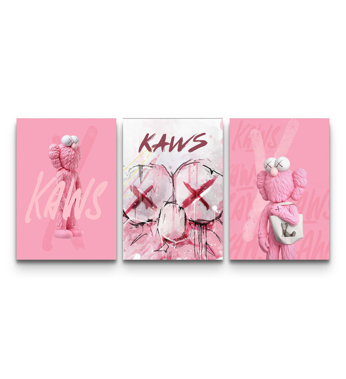 Three-panel bubblegum pink KAWS XX poster set with plush figures and abstract XX brushstroke backgrounds