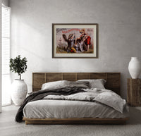 Two children washing a dog print in a dark wood frame above a rattan bed on a plaster wall