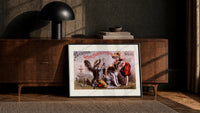Two children washing a dog print in a black frame leaning against a walnut console in lamplight