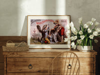 Two children washing a dog print in an oak frame on a farmhouse dresser beside white tulips