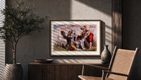 Two children washing a dog print in a wood frame above a fluted sideboard beside an olive tree