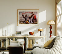 Two children washing a dog print in an oak frame above a mid-century book console with a vintage radio