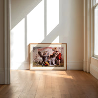 Two children washing a dog print in an oak frame on a sunlit wood floor beneath tall window light