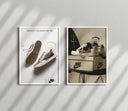 Cactus Jack sneaker poster duo framed in white on a sunlit wall with diagonal shadows