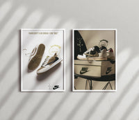 Two white-framed Cactus Jack sneaker prints on a sunlit wall casting diagonal shadows