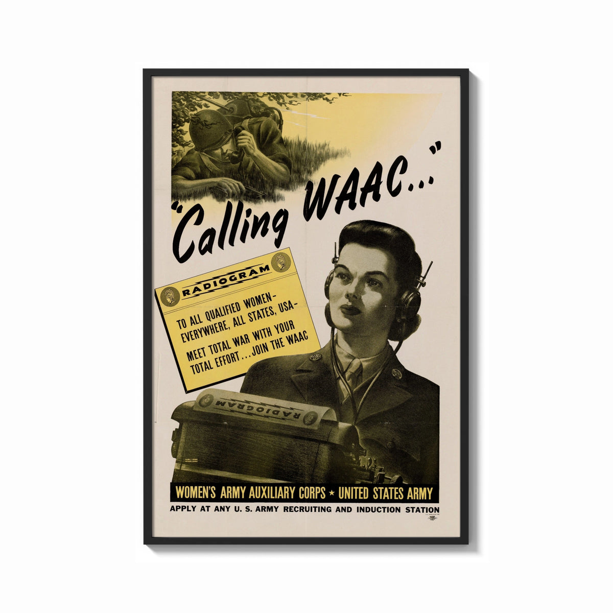 Framed Calling WAAC print shown as a bold statement piece on a clean gallery wall