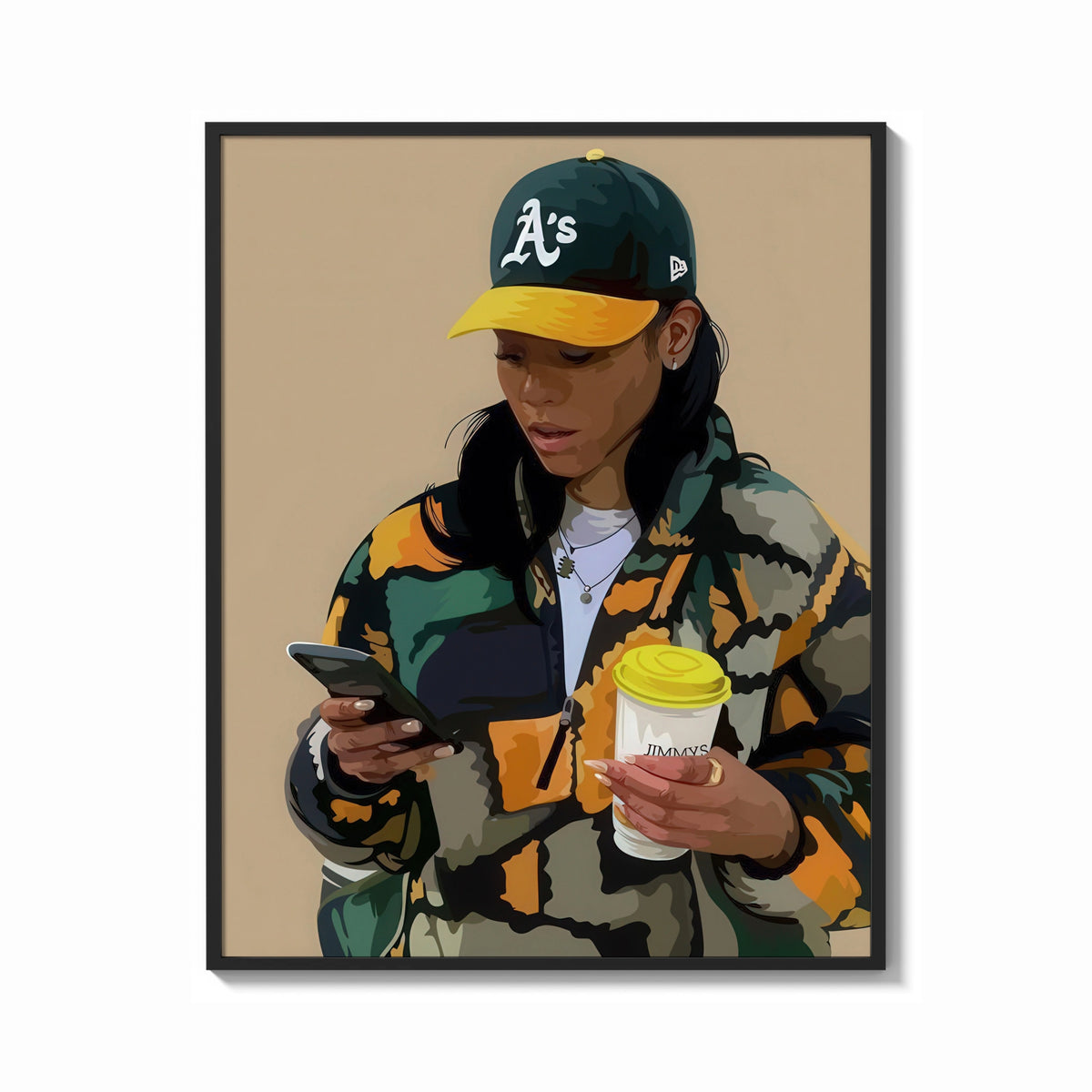 Framed Camo Jacket and Takeaway Drink print shown as a bold statement piece on a clean gallery wall