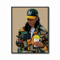 Framed Camo Jacket and Takeaway Drink print shown as a bold statement piece on a clean gallery wall