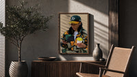 Camo Jacket and Takeaway Drink poster framed above a fluted sideboard beside a potted tree