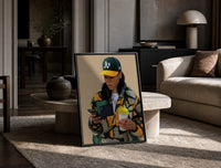 Camo Jacket and Takeaway Drink print on the floor, leaning against a travertine table