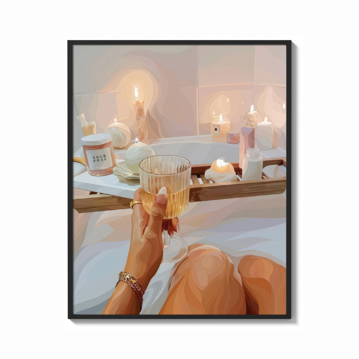Framed Candlelit Bath with a Drink print shown as a bold statement piece on a clean gallery wall