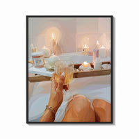 Framed Candlelit Bath with a Drink print shown as a bold statement piece on a clean gallery wall
