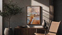 Candlelit Bath with a Drink poster framed above a fluted sideboard beside a potted tree