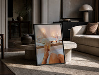 Candlelit Bath with a Drink print on the floor, leaning against a travertine table