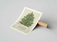 Gently curled Christmas Tree Greetings print beside its protective shipping tube