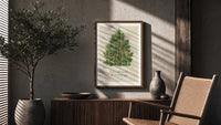 Christmas Tree Greetings poster framed above a fluted sideboard beside a potted tree