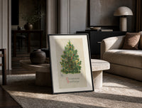 Christmas Tree Greetings print on the floor, leaning against a travertine table