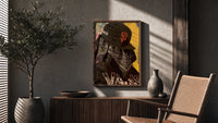 Cap and Paisley Bandana poster framed above a fluted sideboard beside a potted tree
