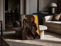 Cap and Paisley Bandana print on the floor, leaning against a travertine table