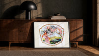 Elegant woman under blossoming tree print in a black frame leaning against a walnut console in lamplight