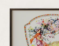 Close-up of the Elegant woman under blossoming tree print's dark wood frame corner and archival matte paper