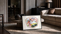 Elegant woman under blossoming tree print in a slim black frame leaning on a travertine coffee table