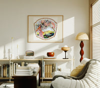 Elegant woman under blossoming tree print in an oak frame above a mid-century book console with a vintage radio