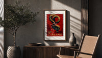 Woman dancing with champagne bottle poster framed above a fluted sideboard beside an olive tree