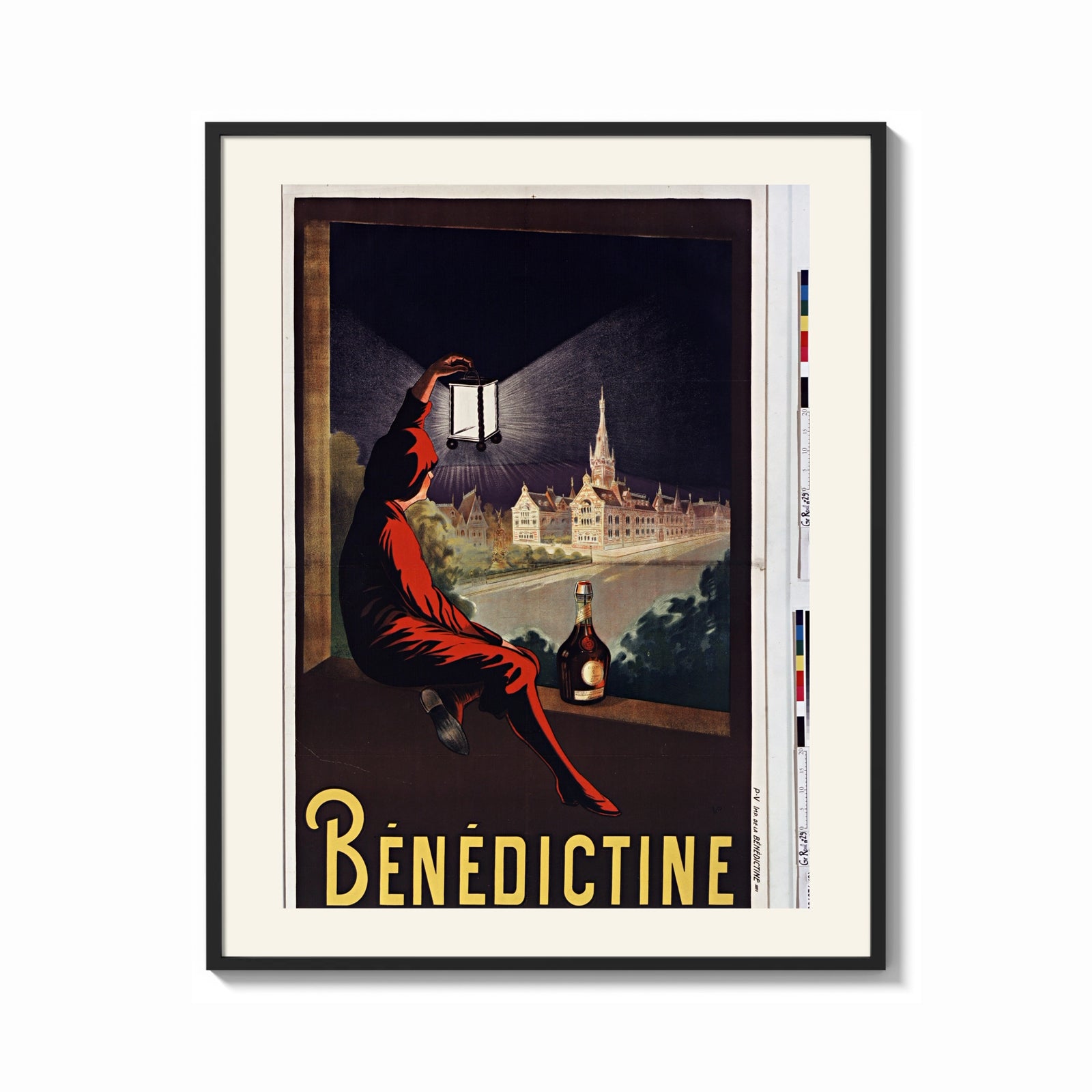 Framed Man in red cloak holding lantern print shown as a bold statement piece on a clean gallery wall