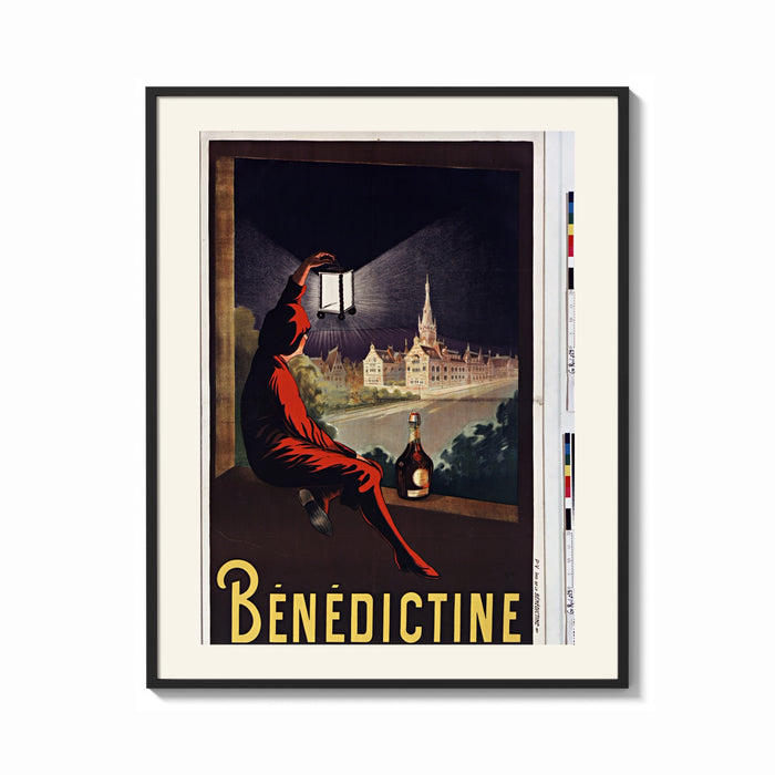 Framed Man in red cloak holding lantern print shown as a bold statement piece on a clean gallery wall