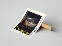 Rolled Man in red cloak holding lantern poster beside its crush-resistant kraft shipping tube