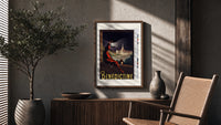 Man in red cloak holding lantern poster framed above a fluted sideboard beside an olive tree